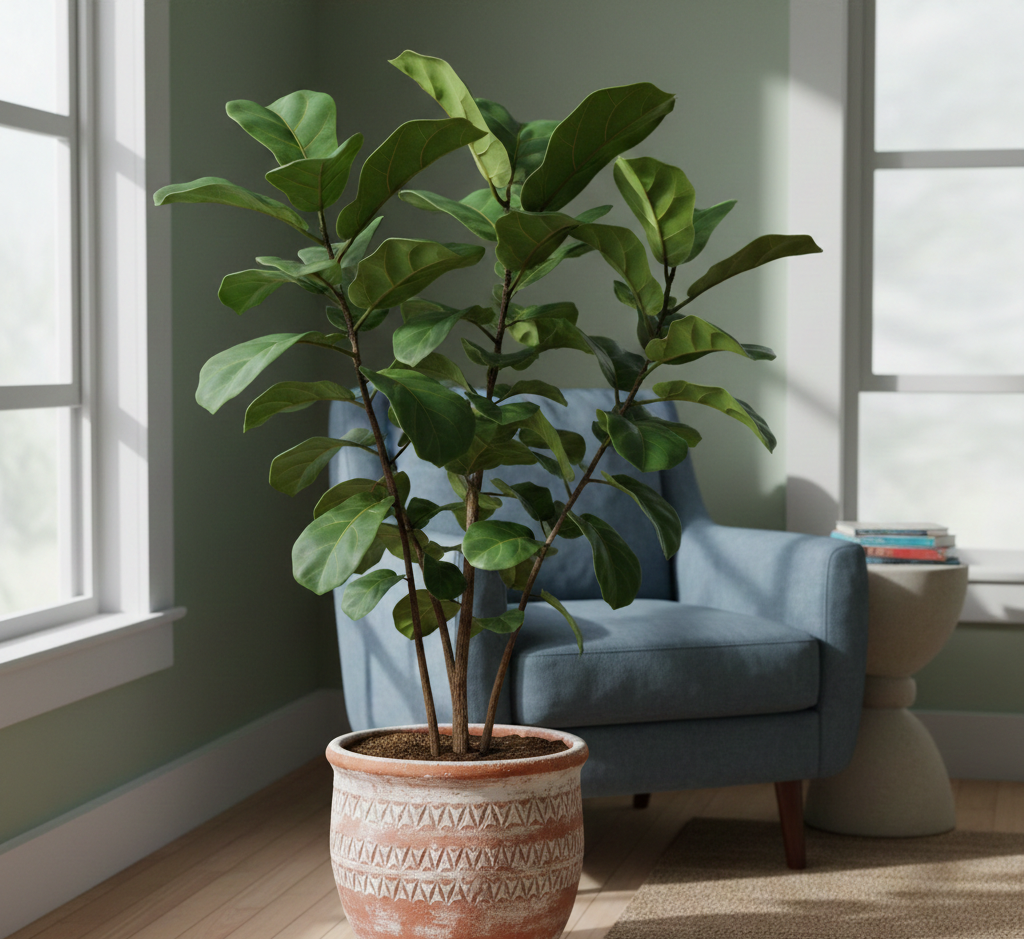 Fiddle leaf fig plant in decorative pot